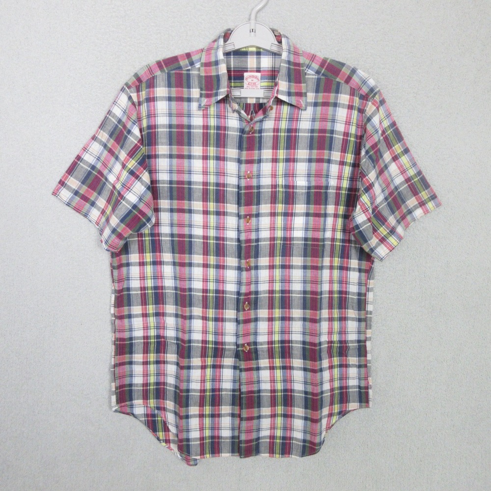 Brooks Brothers Madras Plaid Shirt Mens M Multi-Color Short Sleeve Cotton